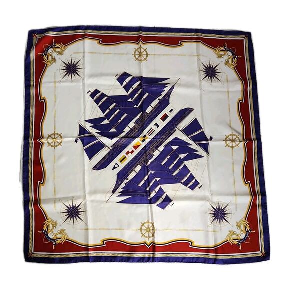 Vintage Sea Cloud 2 Nautical Square Silk Scarf Navy Gold Red 35"×35" Italy Euc - Picture 1 of 5